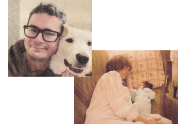 A man w/short, brown hair wearing eyeglasses snuggles with his white dog. A brown-haired woman snuggles with her baby