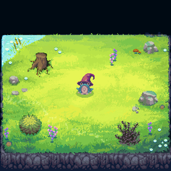 Looped animation of a frog-like creature wearing a hat, sitting in a field