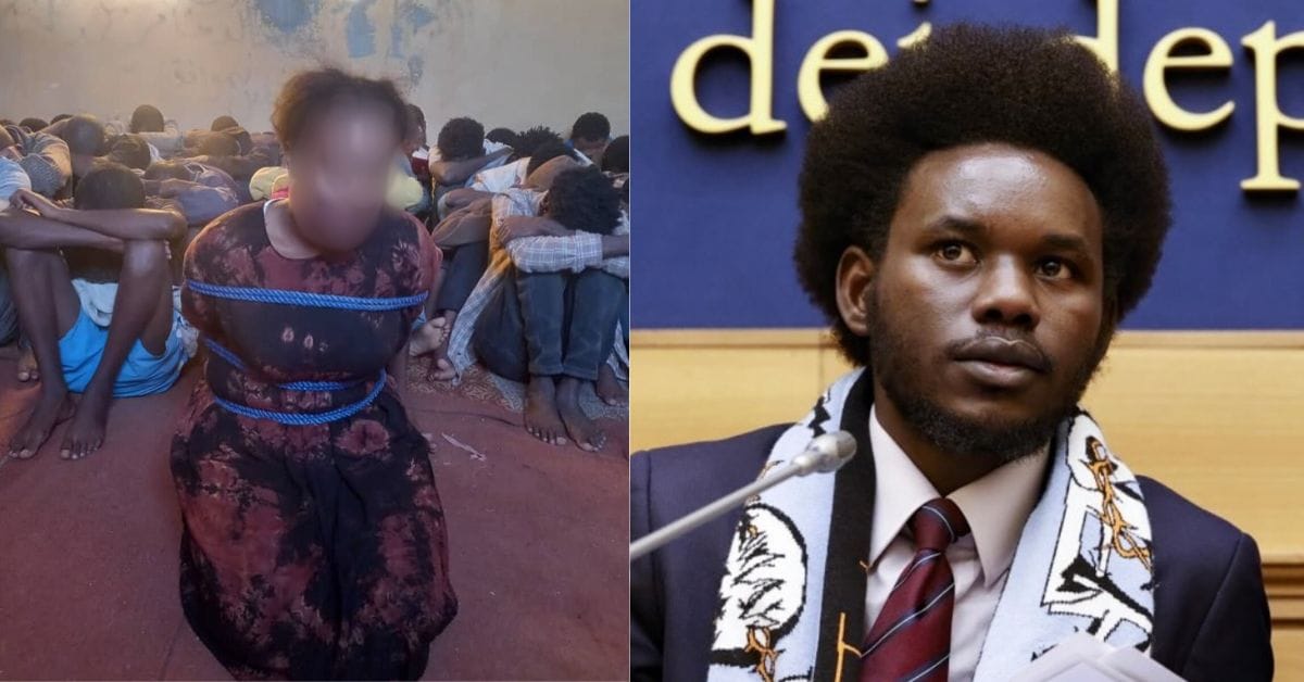 (Left)Kidnapped Naima Jamal pictured gagged and bound on her knees in from of other kidnapped men (Right) Migrant activist David Yambio