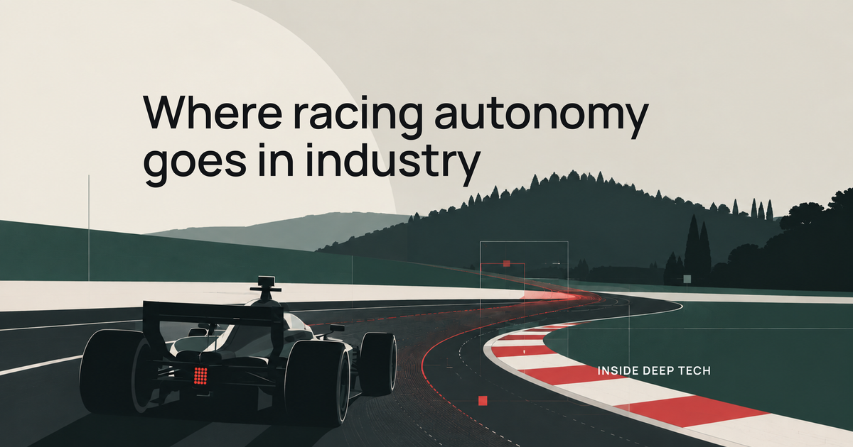 Inside Deep Tech cover, deep dive, where racing autonomy goes in industry: illustration of an autonomous open-wheel race car exiting a corner with the racing line traced in red