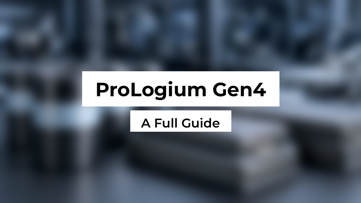 Blurred ceramic solid-state battery lab background with white Montserrat title boxes reading ProLogium Gen4 and A Full Guide