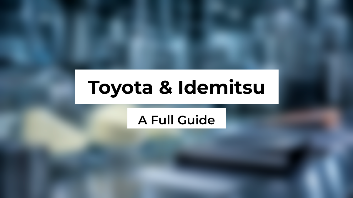 Blurred sulfide solid-state battery factory and lab background with white Montserrat title boxes reading Toyota & Idemitsu and A Full Guide