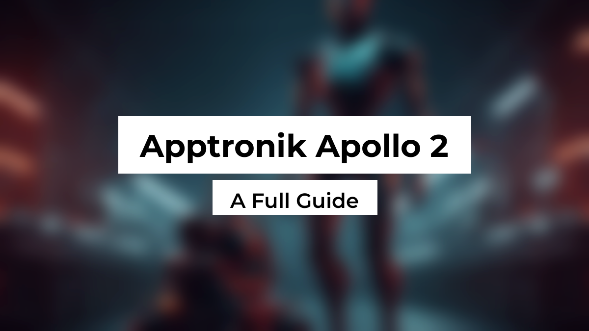 Blurred industrial warehouse with a bipedal humanoid robot and wheeled mobility platform, white Montserrat title boxes reading Apptronik Apollo 2, A Full Guide