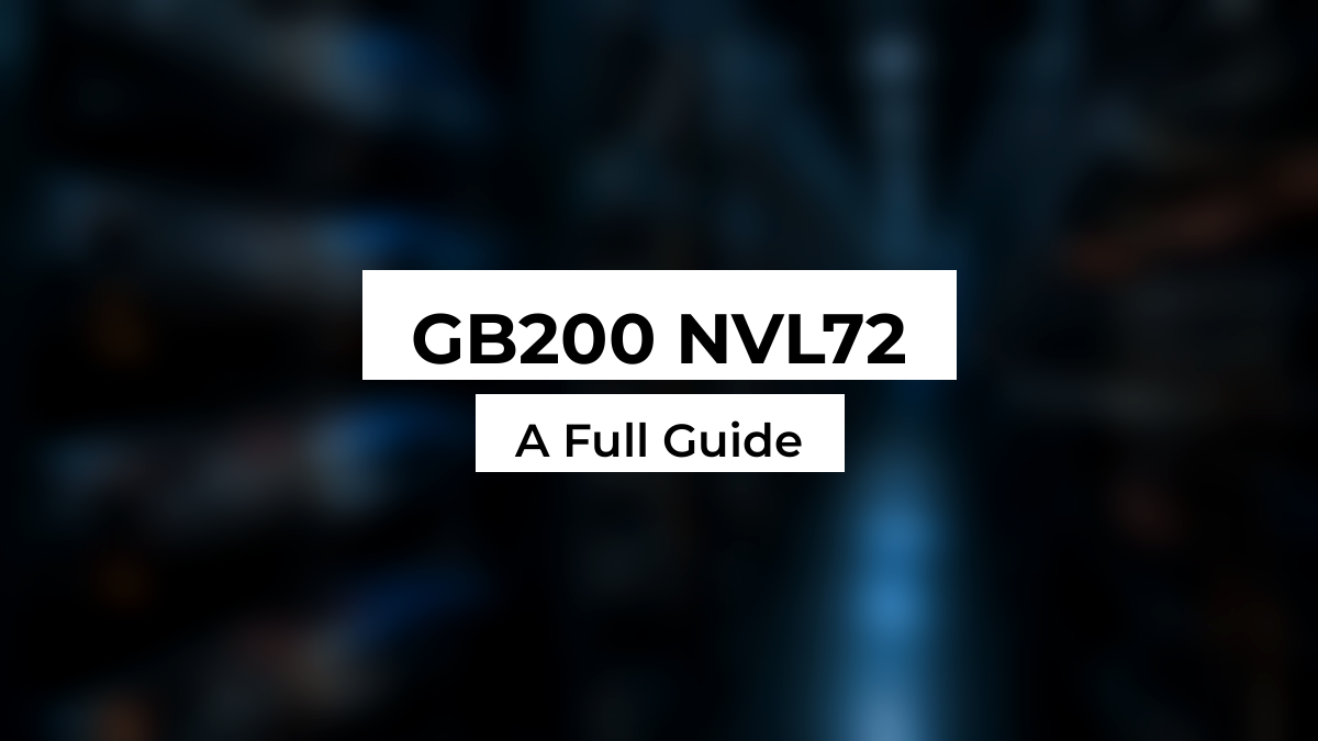 Blurred liquid-cooled AI GPU rack aisle with white Montserrat title boxes for GB200 NVL72
