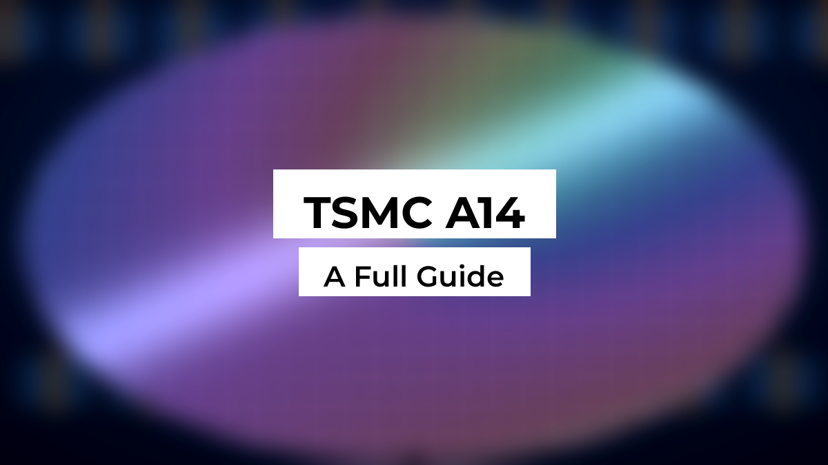 Blurred iridescent 300 mm silicon wafer with a dense die grid on a dark fab background, white Montserrat title boxes reading TSMC A14, A Full Guide