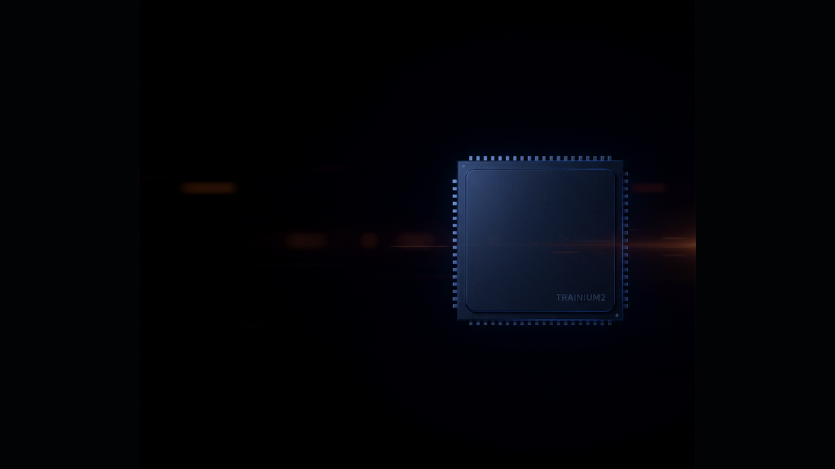 AWS Trainium2 accelerator chip package on dark studio background