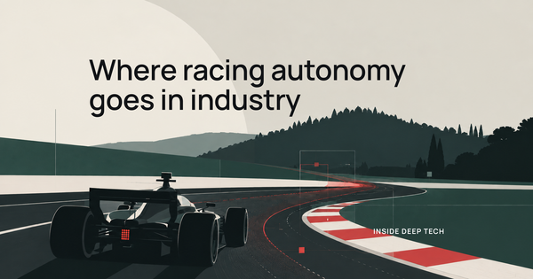 Inside Deep Tech cover, deep dive, where racing autonomy goes in industry: illustration of an autonomous open-wheel race car exiting a corner with the racing line traced in red