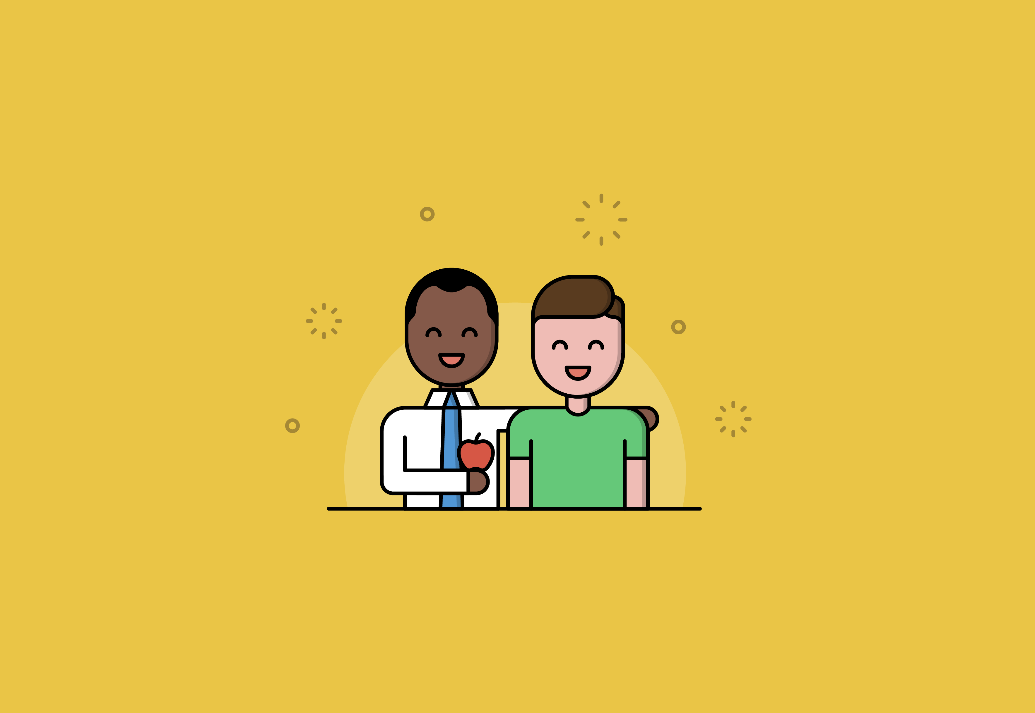 Cartoon image of a man in a shift and tie offering an apple to a man wearing a t-shirt