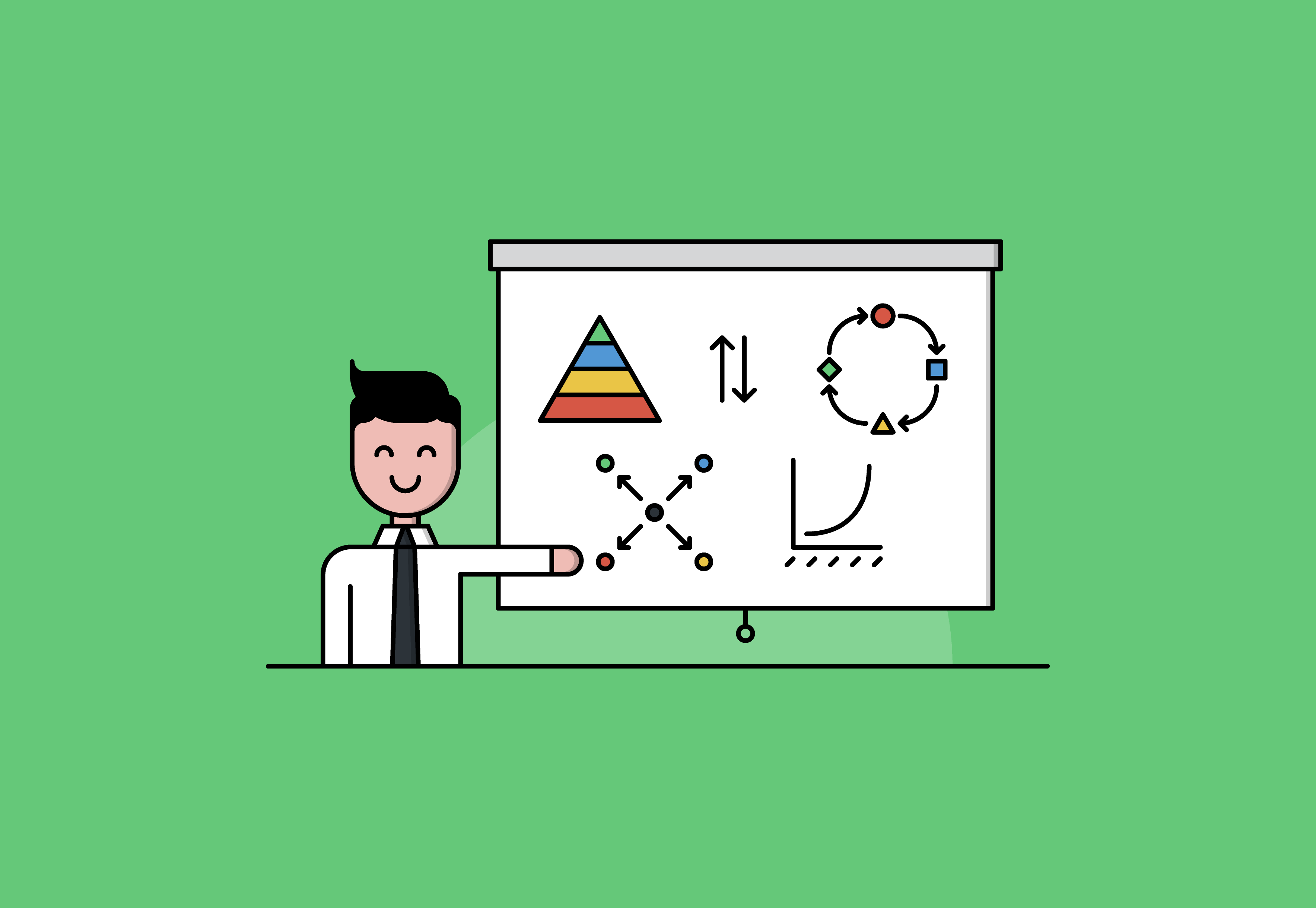 Cartoon image of a smiling business person pointing to charts and graphs