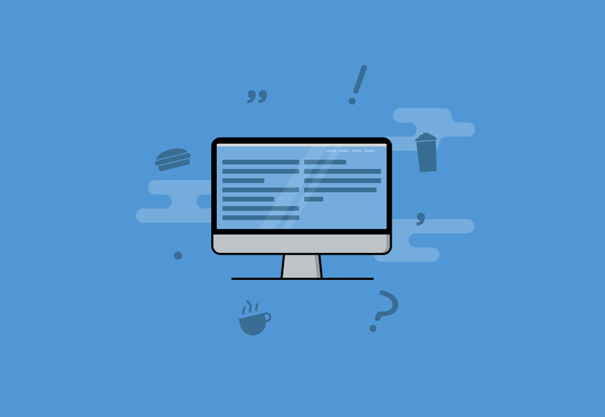 Cartoon of a computer screen surrounded by floating food and drink icons