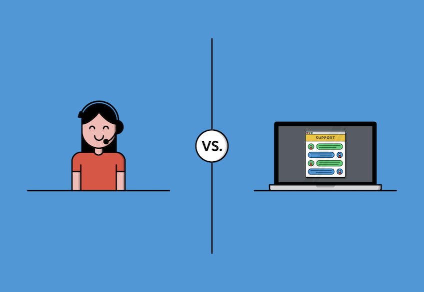 Cartoon image of a woman with a headset on the left and a laptop with chat window on the right