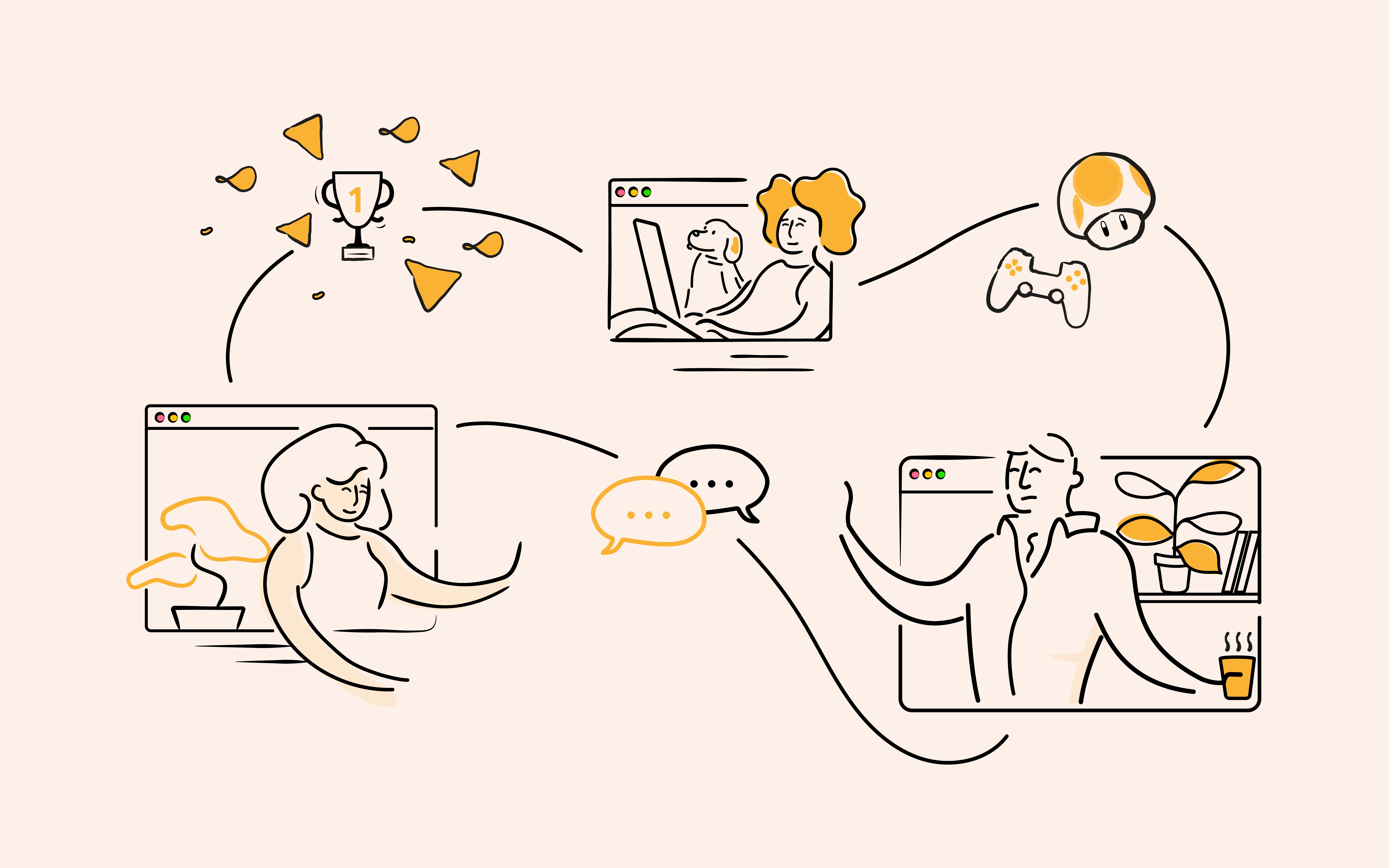 Cartoon image of employees in web call windows chatting