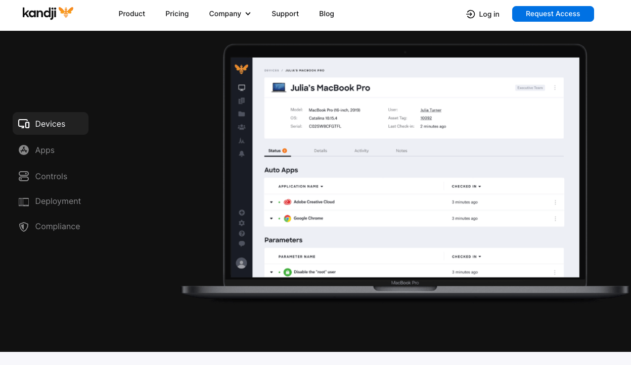 The Kandji app home page showing an open MacBook laptop on a black background