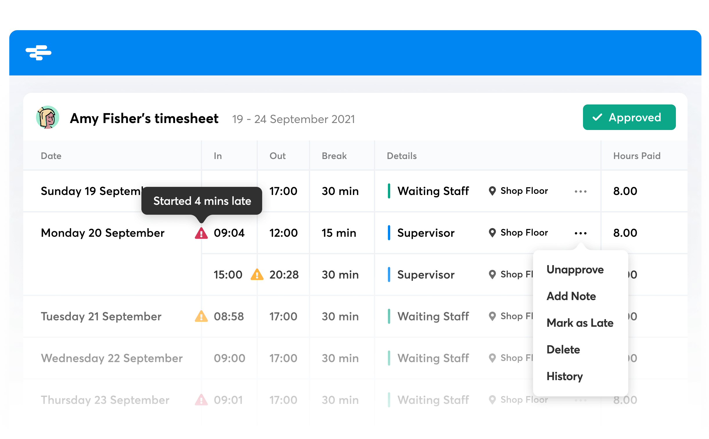 A timesheet in RotaCloud showing employee Amy Fisher's clock in and out records
