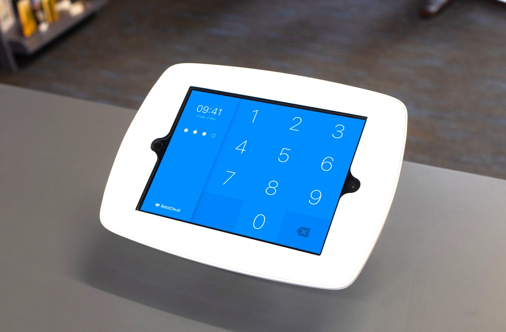 A clocking in terminal running RotaCloud Time & Attendance software