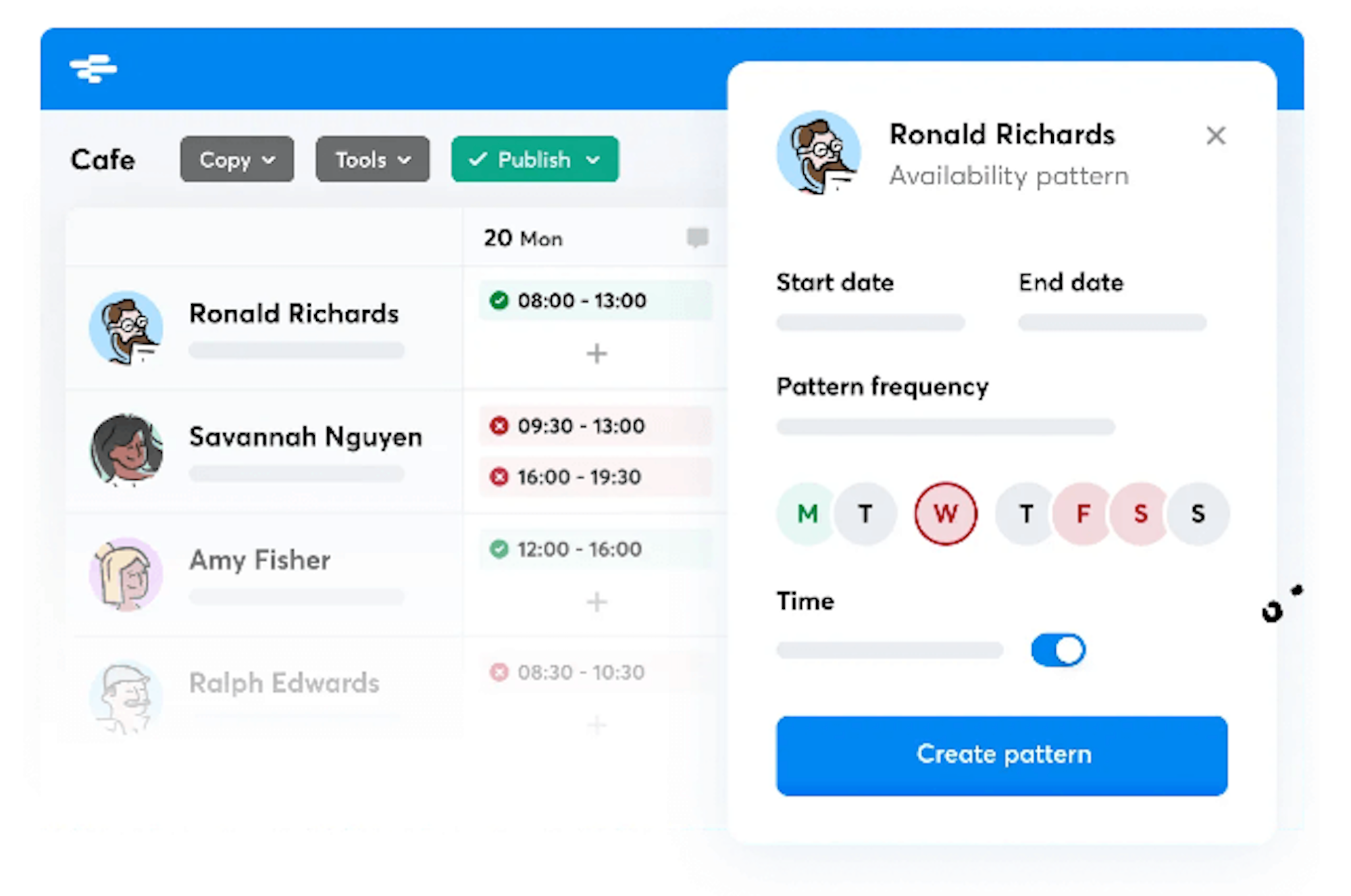 Screenshot of the RotaCloud app showing an employee's working availability