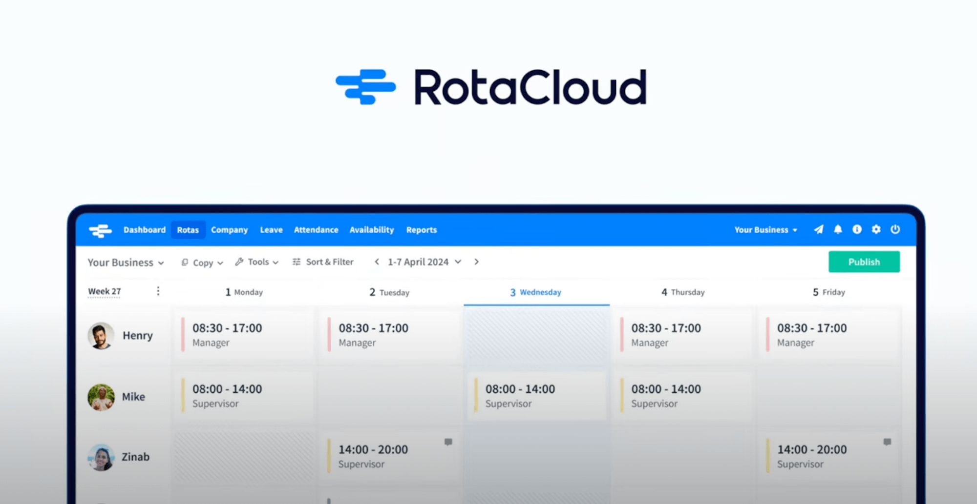 An example rota in RotaCloud on a laptop screen