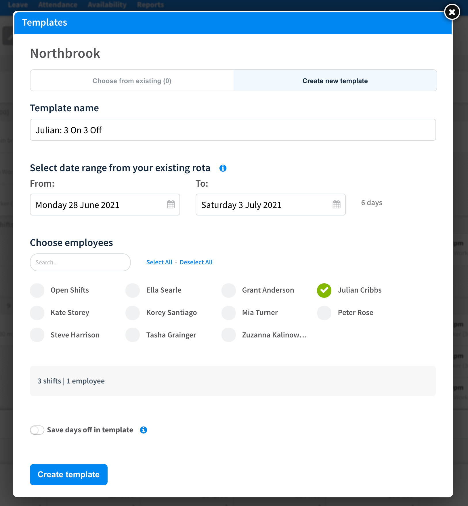 Screenshot of the Create Template screen in RotaCloud