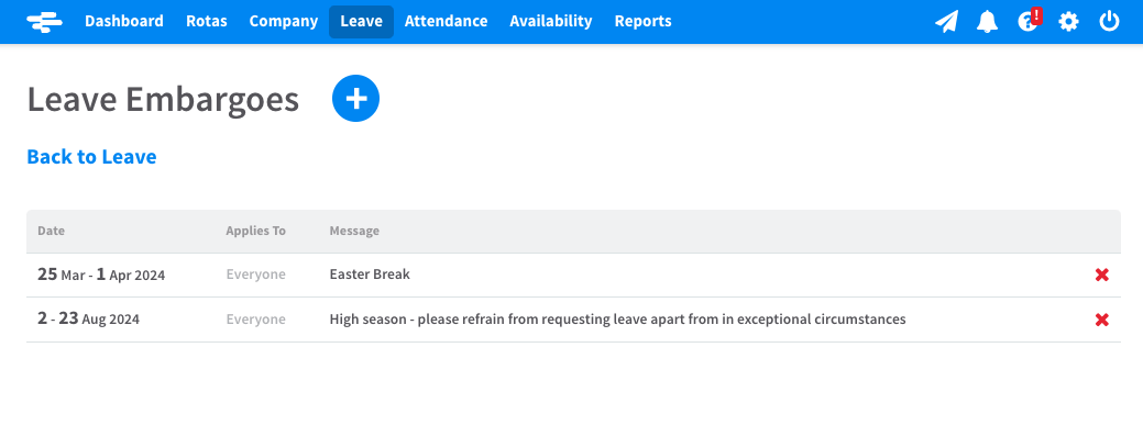 Screenshot of two saved leave embargoes in a RotaCloud account