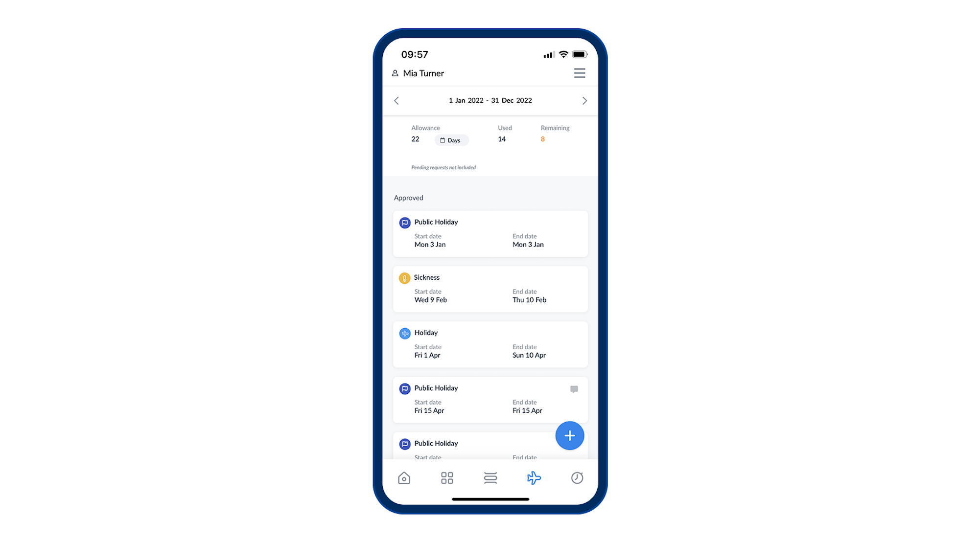 Screenshot of an employee leave page on the RotaCloud mobile app