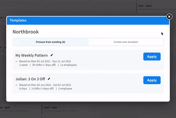 Animated gif showing two saved templates in a RotaCloud account