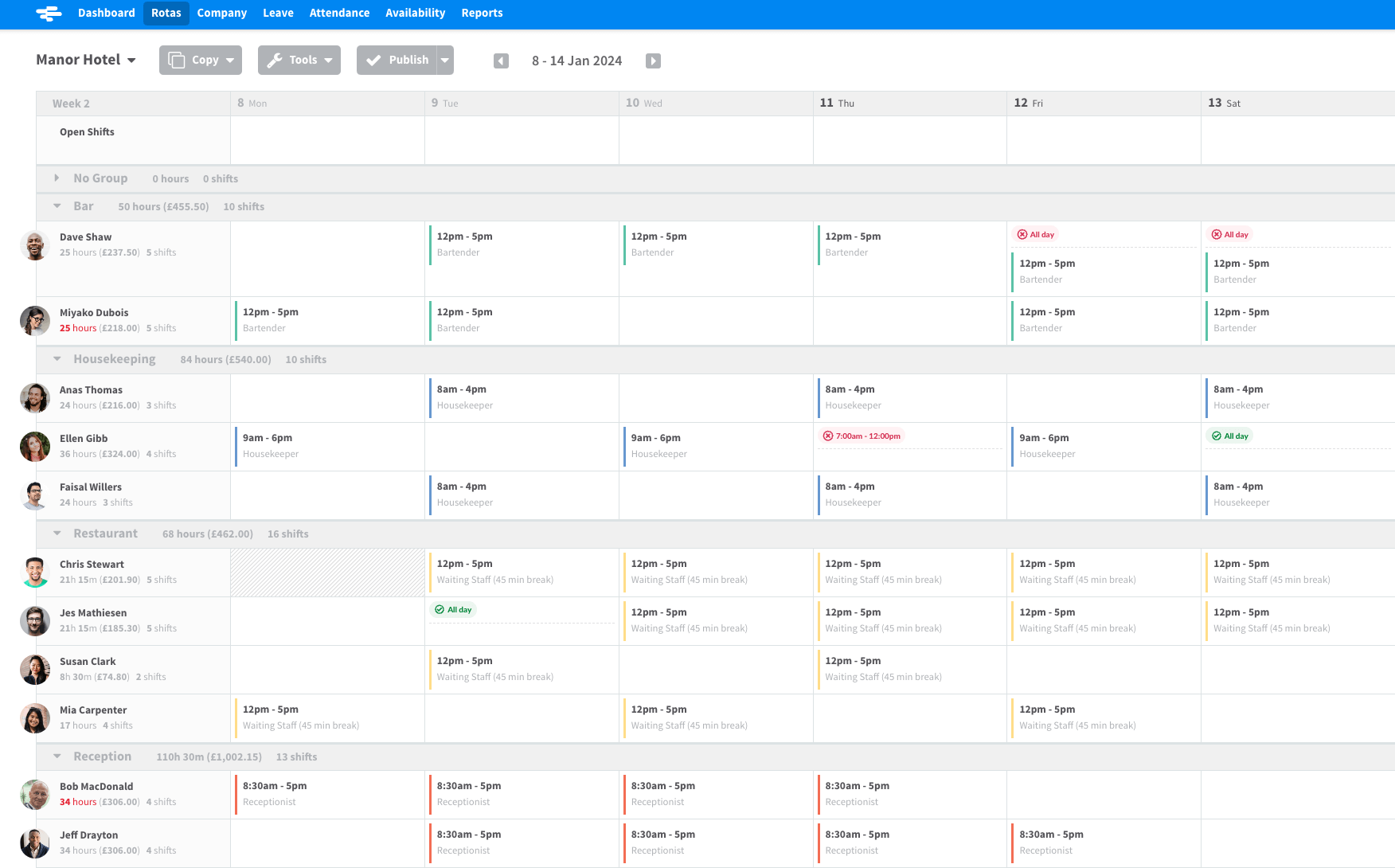 Screenshot of hotel staff rota showing availability in green and unavailability in red