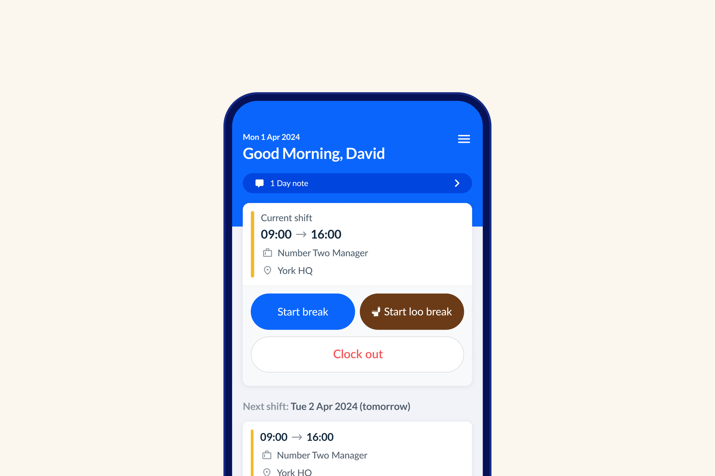 The RotaCloud app dashboard, showing the shift and the 'start break', 'clock out', and new 'start loo break' buttons