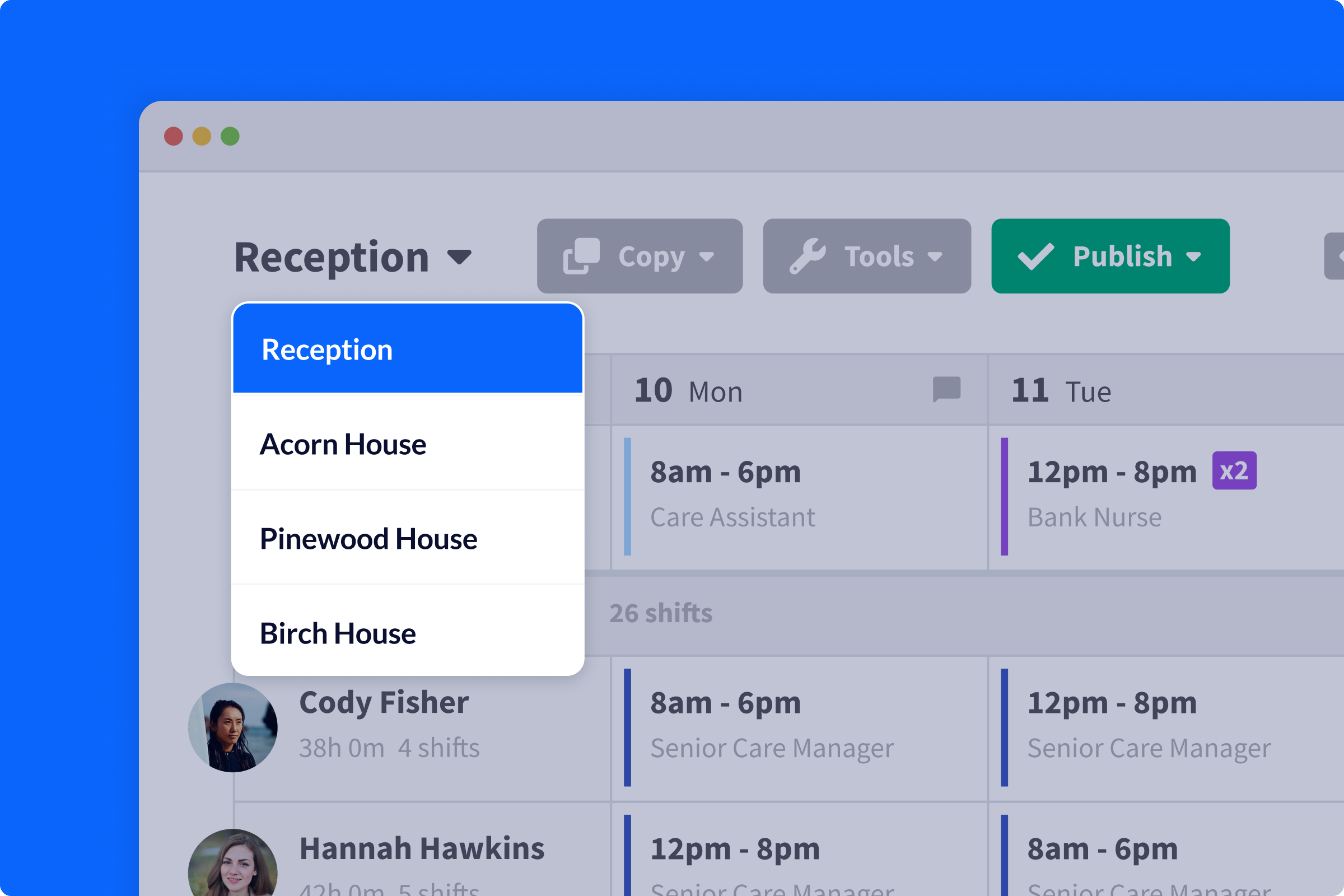 A close-up of the location selection drop-down menu on RotaCloud's desktop rota.