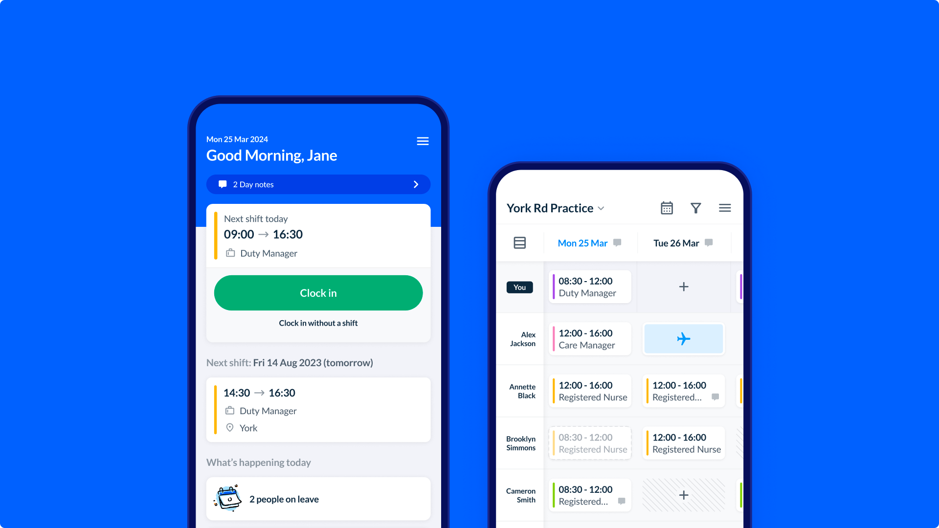 A view of the RotaCloud dashboard on the mobile app, showing clocking in, upcoming shifts, and the entire rota.
