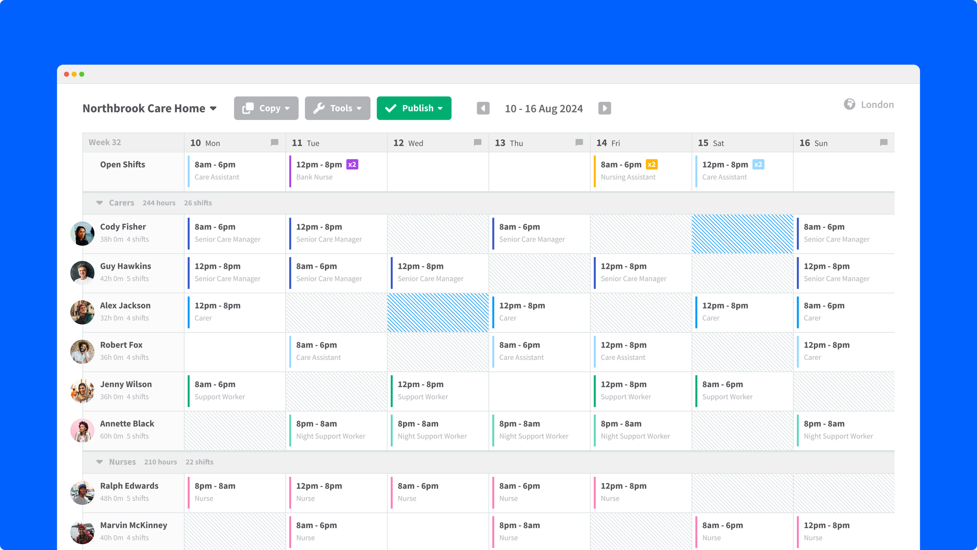 A screenshot of an example RotaCloud rota on desktop.