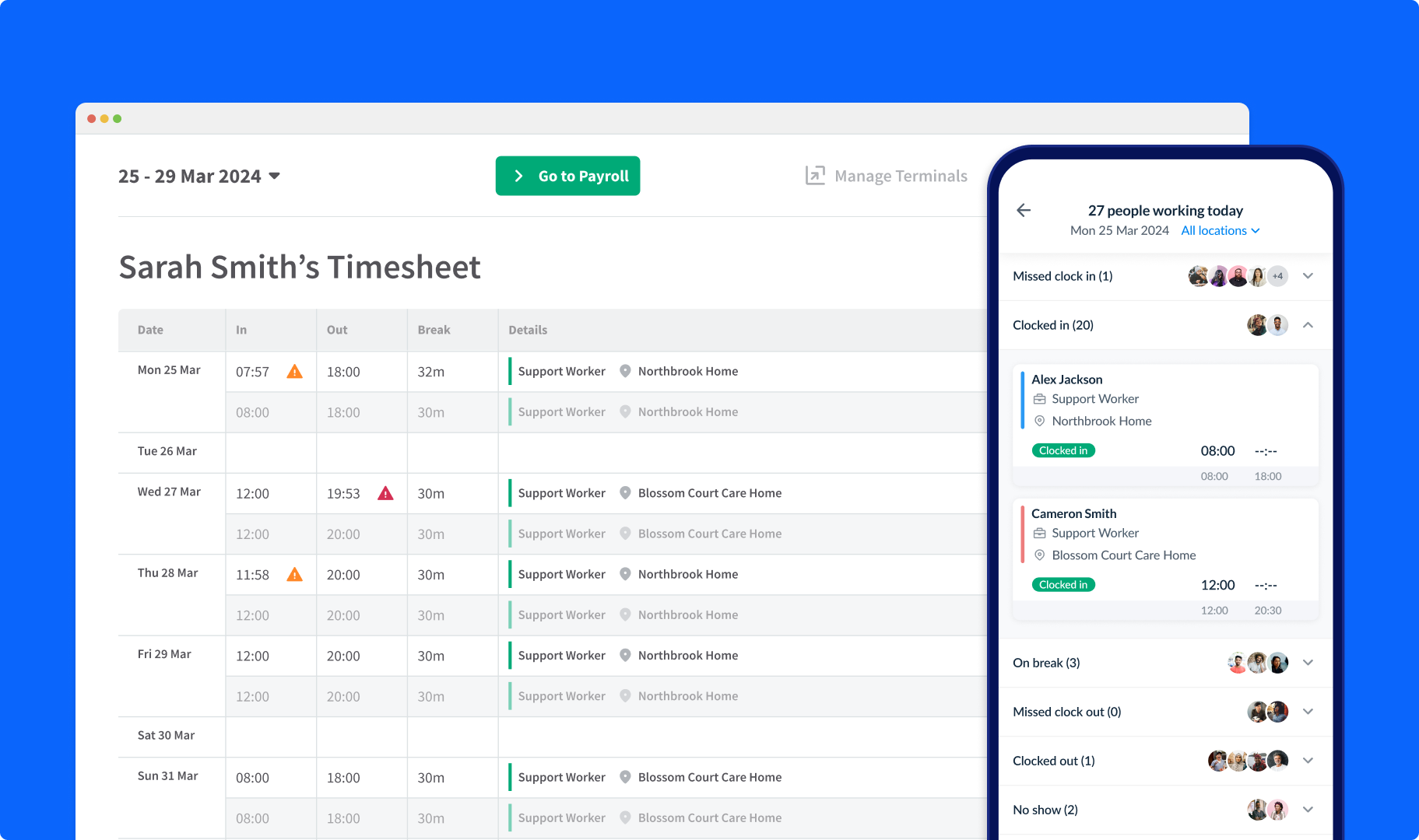 A screenshot of an employee's automatic timesheet alongside an mobile overview of the day's shifts.