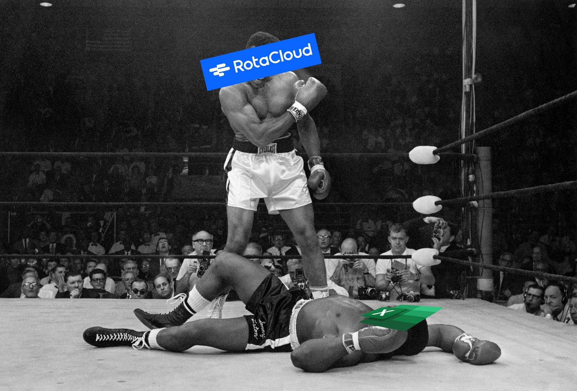 The famous photo of Mohammad Ali standing victorious over Sonny Liston in the ring, except the RotaCloud logo is over Ali's face and Excel is over Liston's.