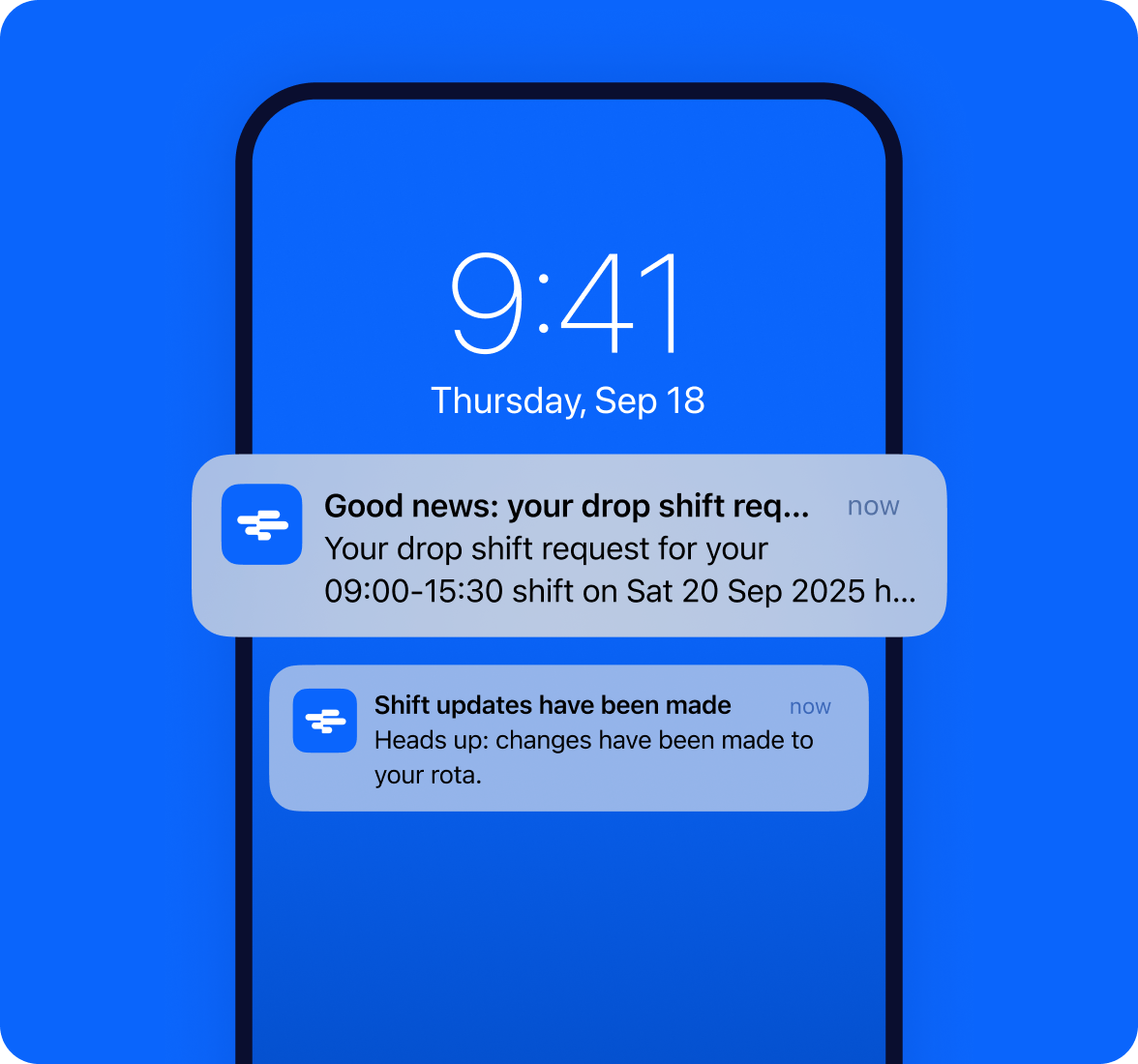 A smartphone lockscreen showing RotaCloud notifications for an apprroved drop shift request and shift updates.