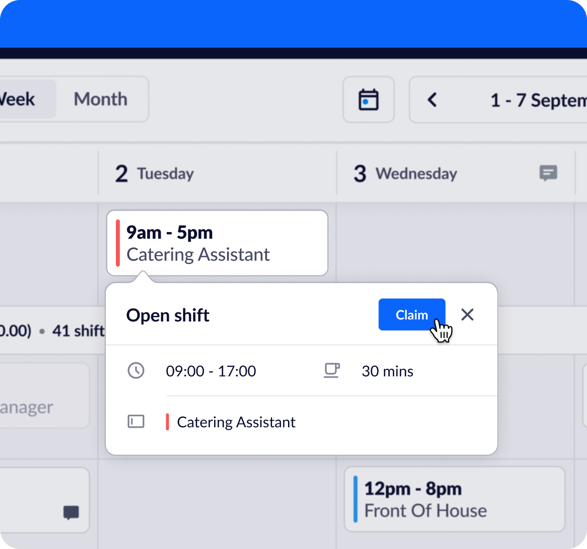 A zoomed-on screenshot of a claimable shift (or 'open shift') on a RotaCloud rota for a Catering Assistant, 9am-5pm, with the mouse cursor hovering over 'Claim'.