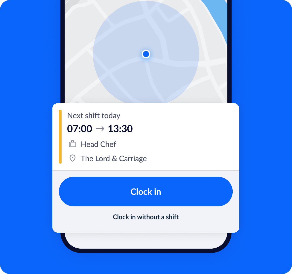 A smartphone displaying RotaCloud clocking-in software.