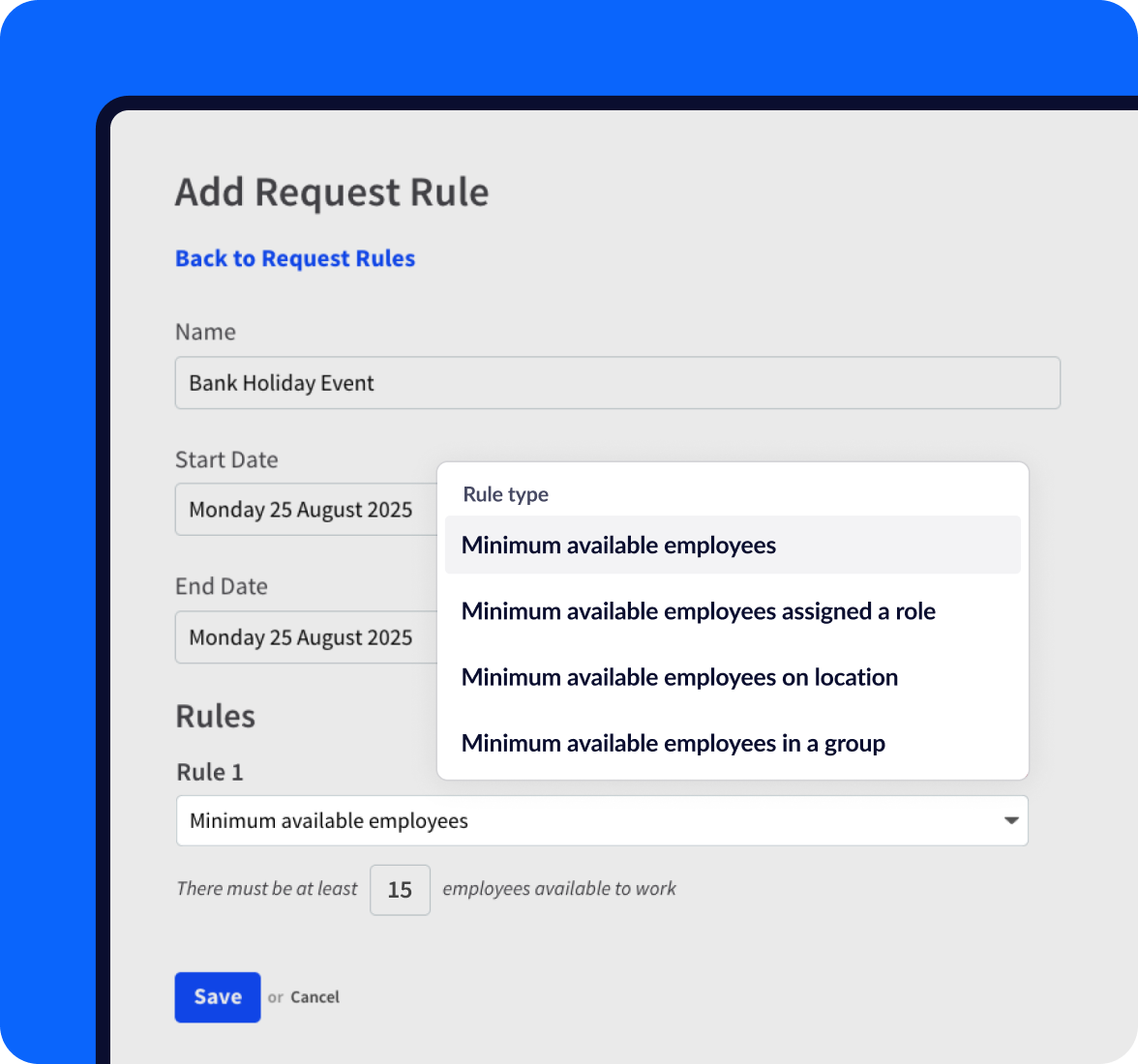 A leave request rule screen in RotaCloud staff scheduling software