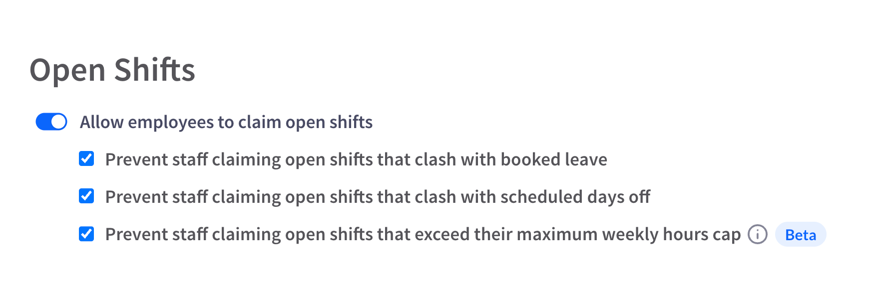 A screenshot of Open Shifts settings.