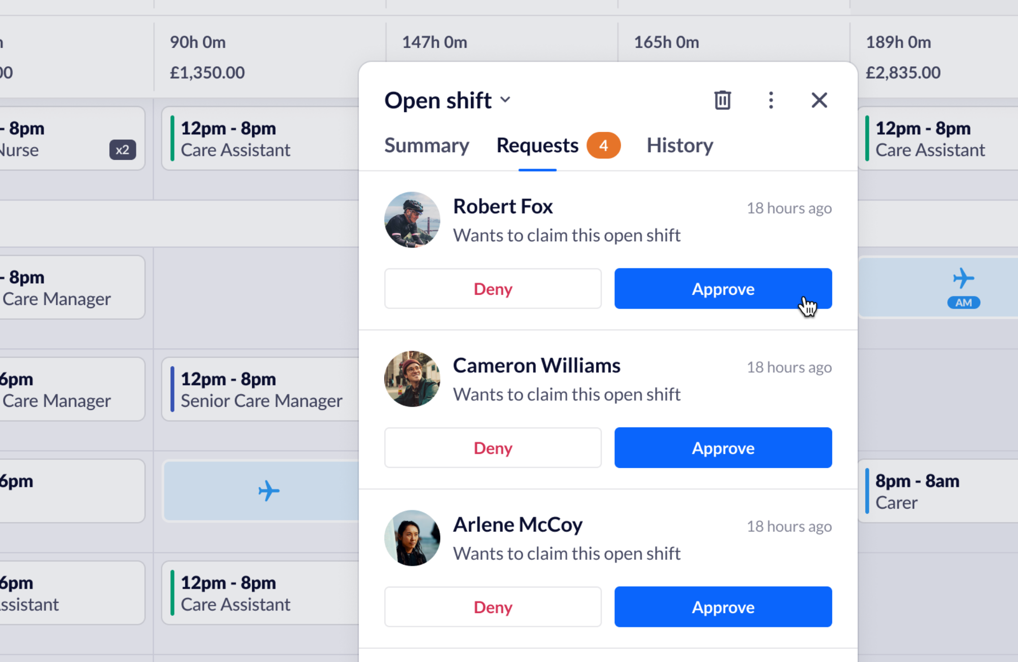 A screenshot of a pop-up on a RotaCloud rota, showing three open shift requests. A blue ‘Approve’ button and a white ‘Deny’ button sit beneath each. The top request is being approved.