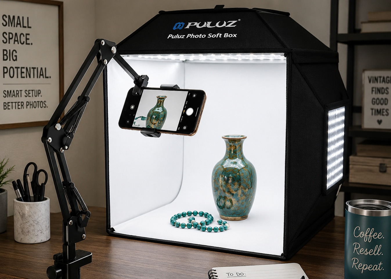 Light Box for photography with a adjustable arm phone holder
