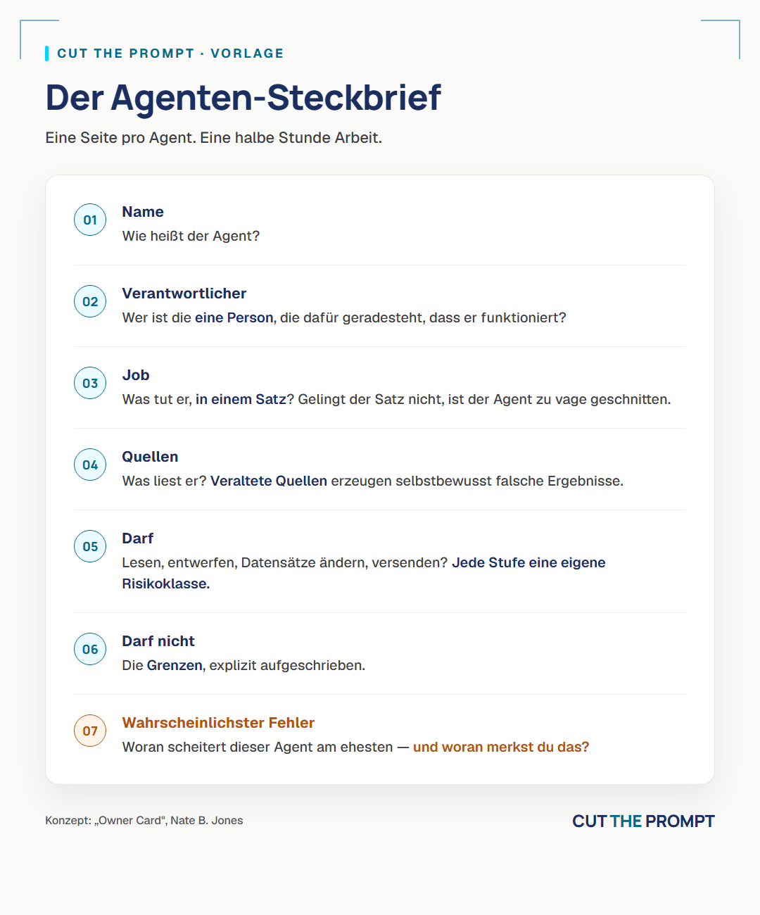 Der Agenten-Steckbrief: sieben Felder von Name bis wahrscheinlichster Fehler