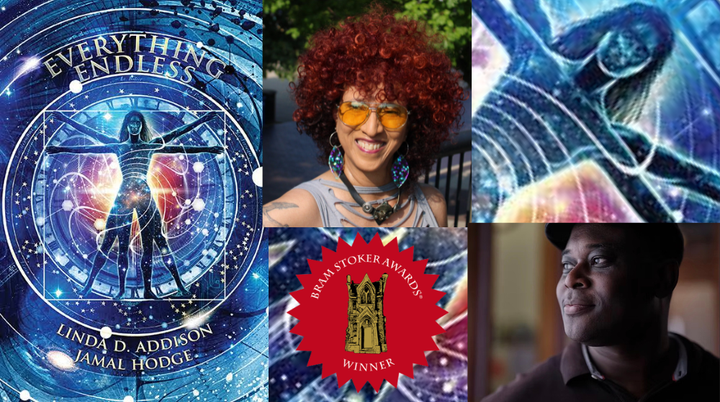 Book cover for poetry book, Everything Endless, with a vitruvian person, arms spread out surrounded by circles, time pieces, and a glowing light from the center with pictures of authors