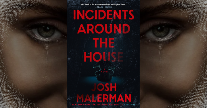 Image with background of woman crying and the cover of Josh Malerman's Incidents Around the House with red text and navy bunny.