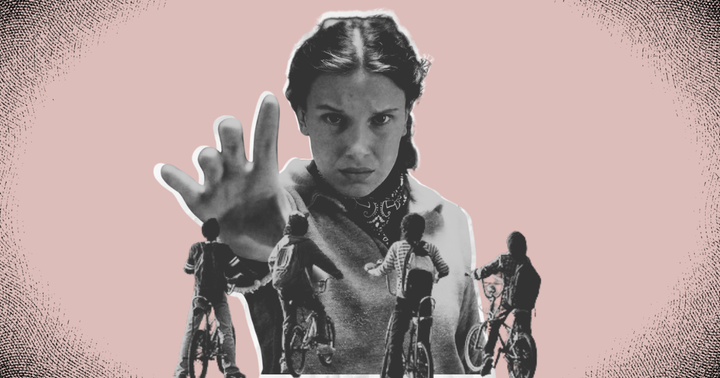 Image of the character Eleven from Stranger Things set on a light red background holding out her hand with the Hawkins kids on bikes in the foreground.
