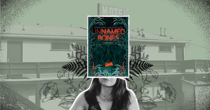 Image with a light green background with a faded motel and floral accents behind a cropped image of woman in the bottom half of the image with the cover of Unnamed Bones centered.