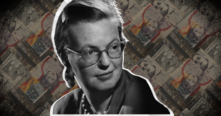 Black and white photo of Shirley Jackson set on top of a background of her book cover
