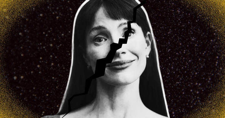 Image of Jessica Chastain in black and white with a crack running across her face set on a black glittery background