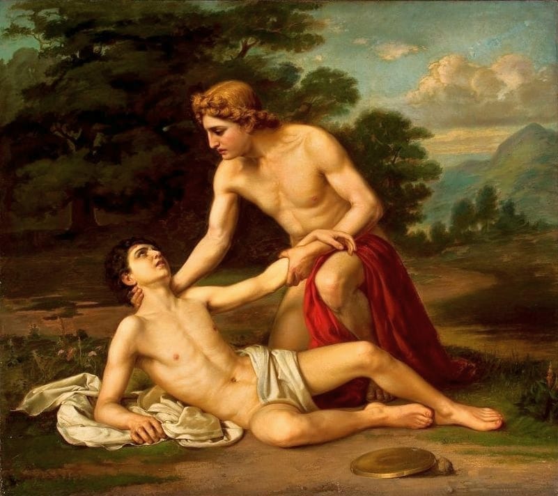 Painting of two, mostly naked, young men, one dying and the other leaning over him, a discus lies on the ground nearby
