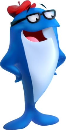Drawing of a blue fish wearing glasses and a red beret, standing on its tail, fins akimbo, and with raised eyebrows