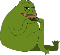 Crudely drawn cartoon of a green, corpulent frog, sitting with his chin resting on his interlocked fingers