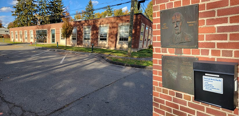 Montage of a photo of a brick building and of detail showing plaques commemorating the 2003 centenary of von Neumann’s birth